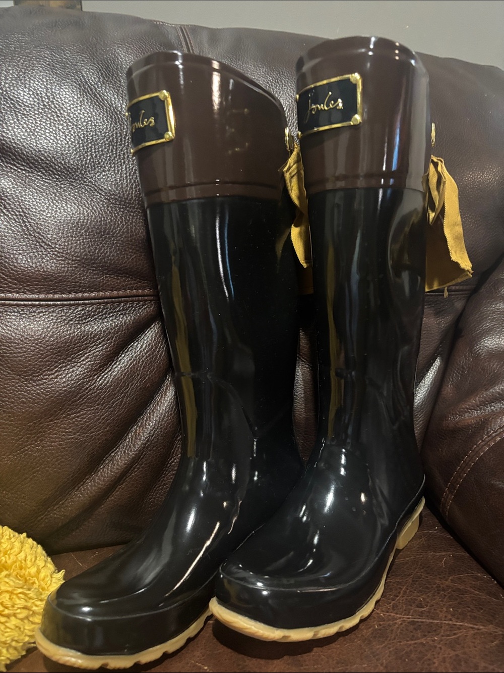 Joules Black and Brown Glossy Tall Rain Boots with Tan Trim - Picture 9 of 10